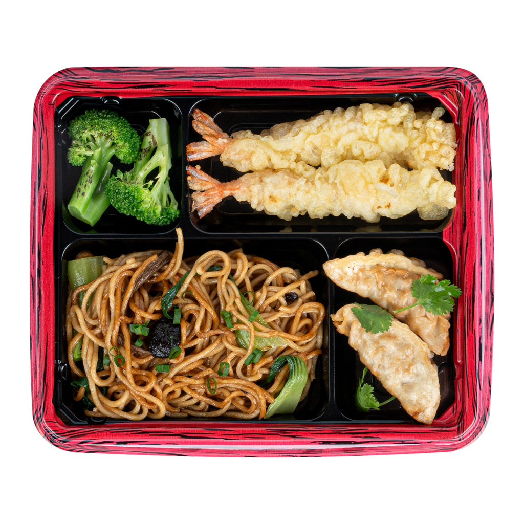 Bento Tek 15 oz Rectangle Red and Black Plastic Bento Box - 4 Compartments - 8 3/4" x 7 1/2" x 1 1/4" - 100 count box