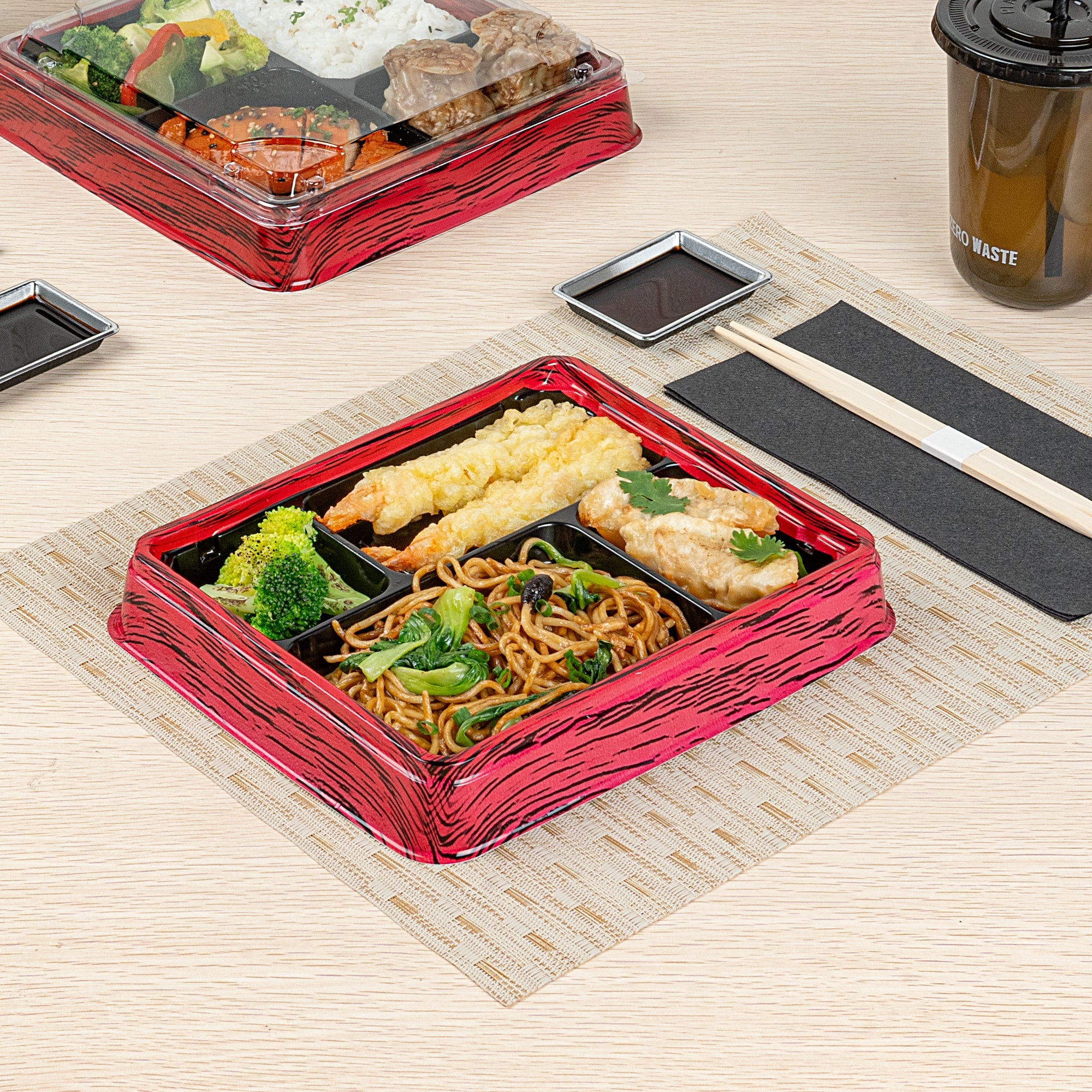 Bento Tek 15 oz Rectangle Red and Black Plastic Bento Box - 4 Compartments - 8 3/4" x 7 1/2" x 1 1/4" - 100 count box
