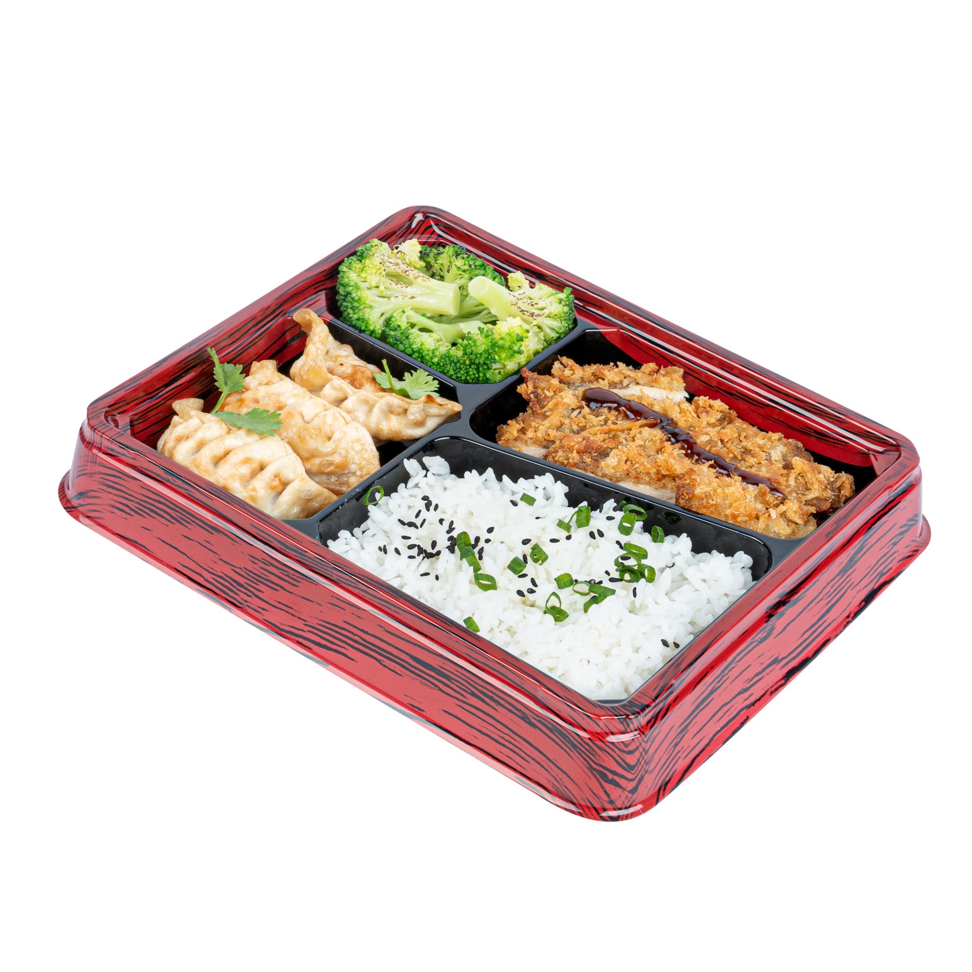 Bento Tek 19 oz Rectangle Red and Black Plastic Bento Box - 4 Compartments - 9 1/4" x 7 3/4" x 1 1/4" - 50 count box