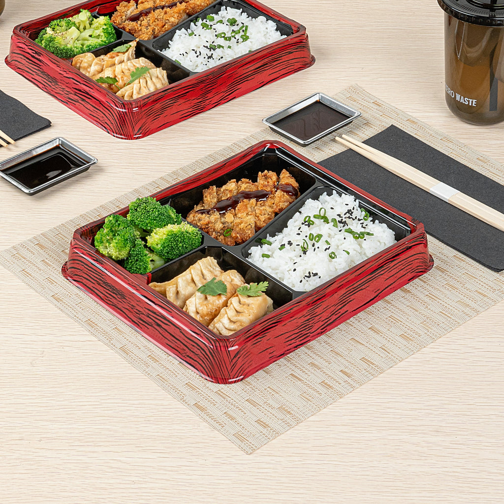 Bento Tek 19 oz Rectangle Red and Black Plastic Bento Box - 4 Compartments - 9 1/4" x 7 3/4" x 1 1/4" - 50 count box