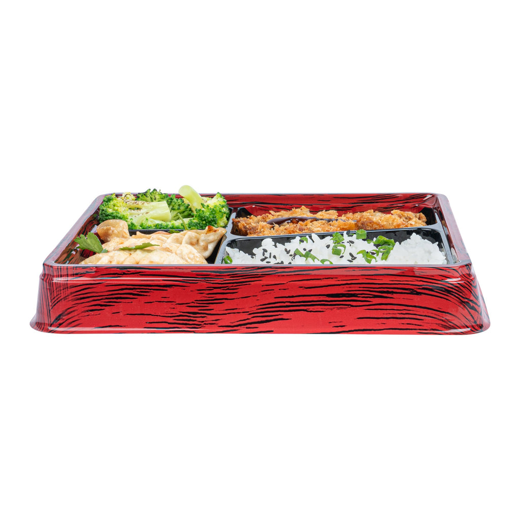 Bento Tek 19 oz Rectangle Red and Black Plastic Bento Box - 4 Compartments - 9 1/4" x 7 3/4" x 1 1/4" - 50 count box