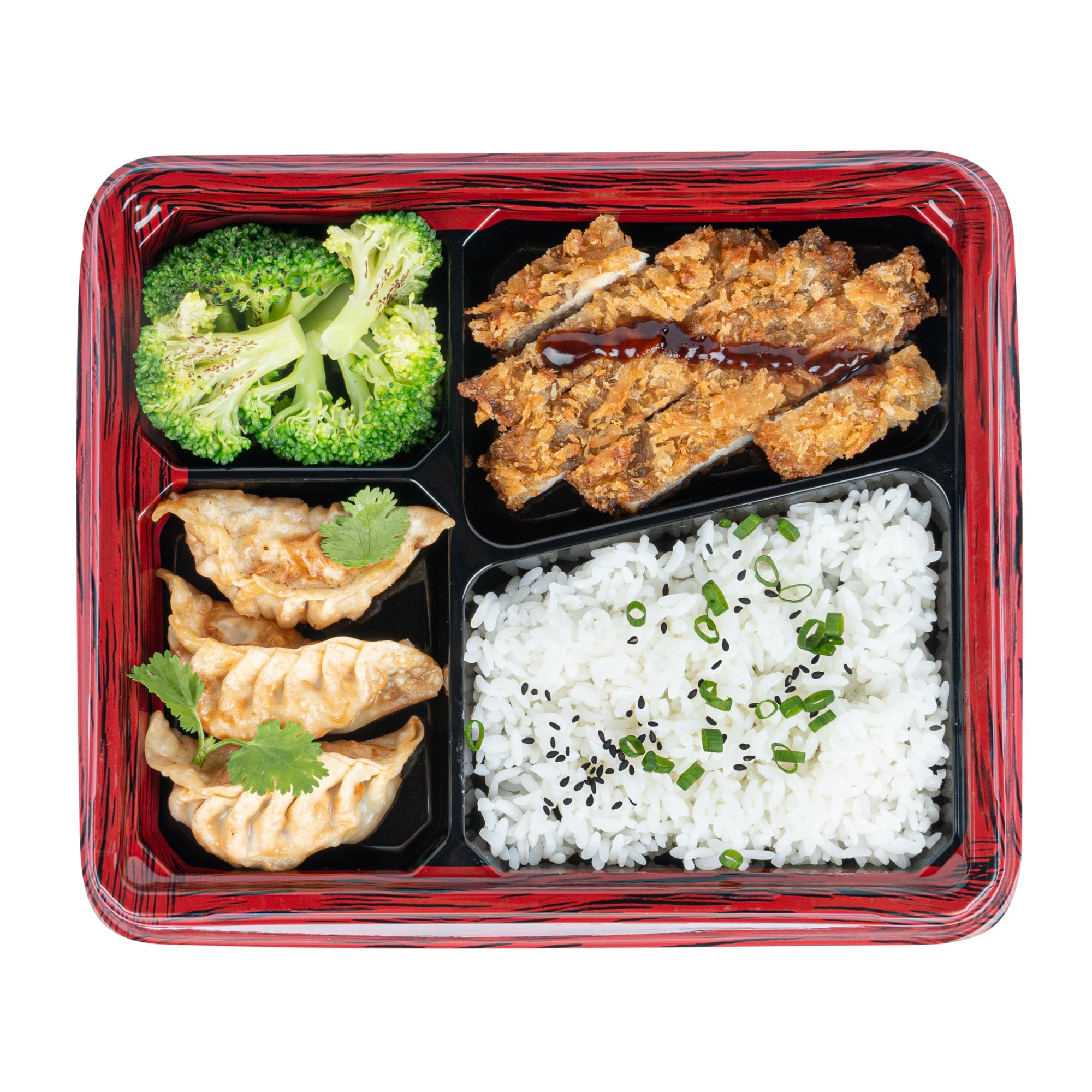 Bento Tek 19 oz Rectangle Red and Black Plastic Bento Box - 4 Compartments - 9 1/4" x 7 3/4" x 1 1/4" - 50 count box