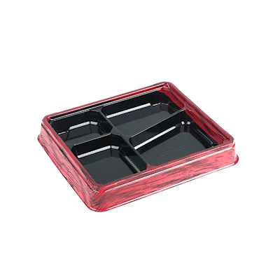 Bento Tek 19 oz Rectangle Red and Black Plastic Bento Box - 4 Compartments - 9 1/4" x 7 3/4" x 1 1/4" - 50 count box