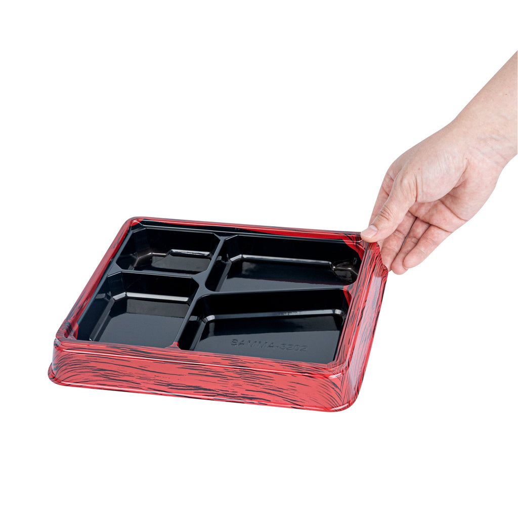 Bento Tek 19 oz Rectangle Red and Black Plastic Bento Box - 4 Compartments - 9 1/4" x 7 3/4" x 1 1/4" - 100 count box