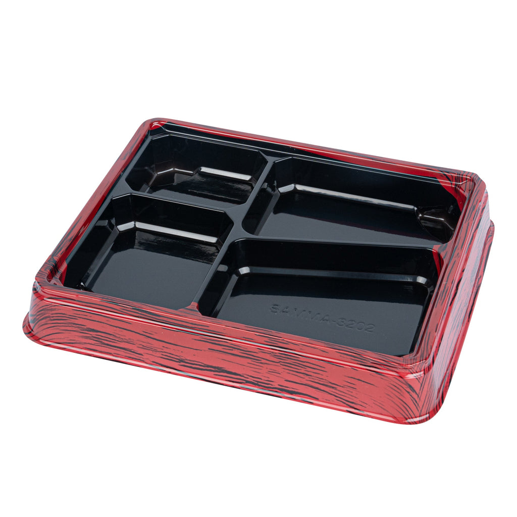 Bento Tek 19 oz Rectangle Red and Black Plastic Bento Box - 4 Compartments - 9 1/4" x 7 3/4" x 1 1/4" - 100 count box