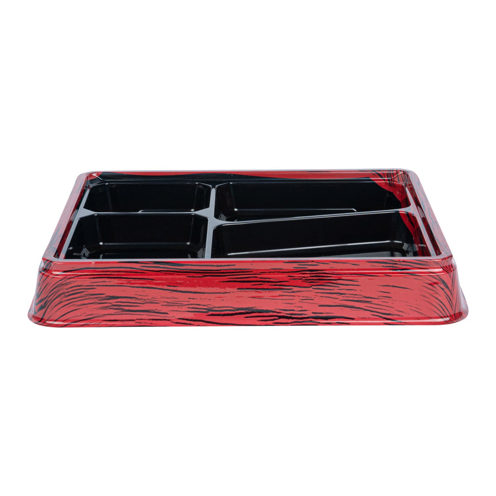 Bento Tek 19 oz Rectangle Red and Black Plastic Bento Box - 4 Compartments - 9 1/4" x 7 3/4" x 1 1/4" - 100 count box