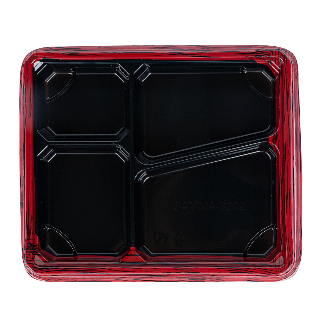 Bento Tek 19 oz Rectangle Red and Black Plastic Bento Box - 4 Compartments - 9 1/4" x 7 3/4" x 1 1/4" - 100 count box