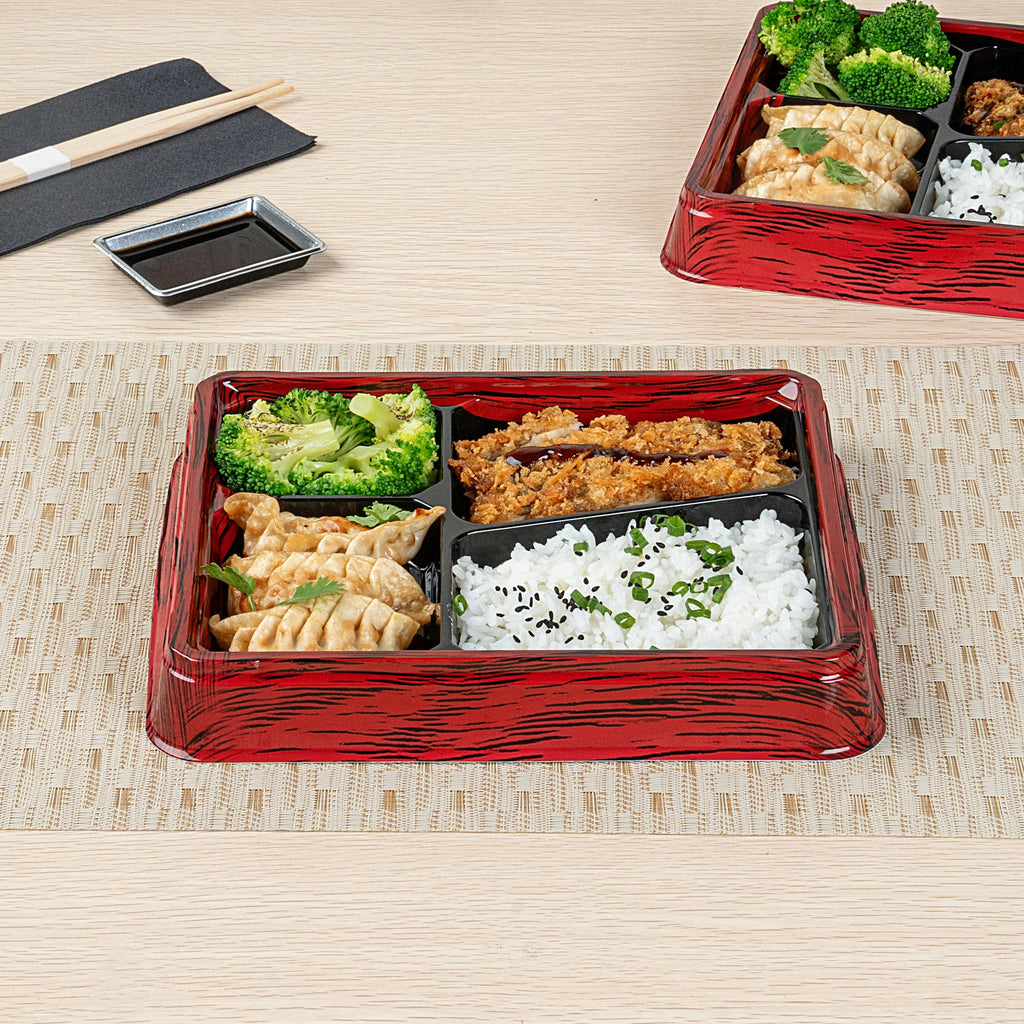 Bento Tek 19 oz Rectangle Red and Black Plastic Bento Box - 4 Compartments - 9 1/4" x 7 3/4" x 1 1/4" - 100 count box
