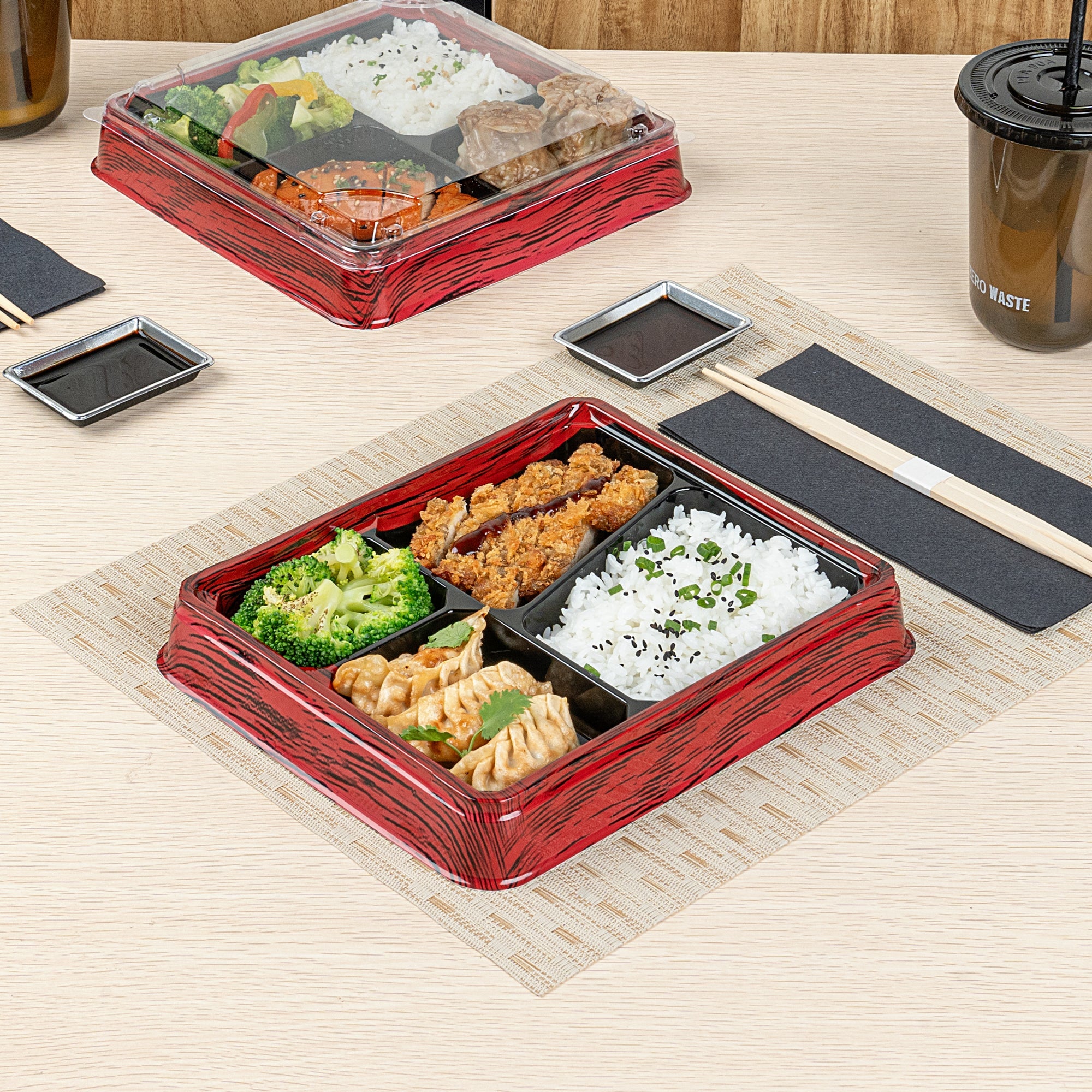 Bento Tek 19 oz Rectangle Red and Black Plastic Bento Box - 4 Compartments - 9 1/4" x 7 3/4" x 1 1/4" - 100 count box