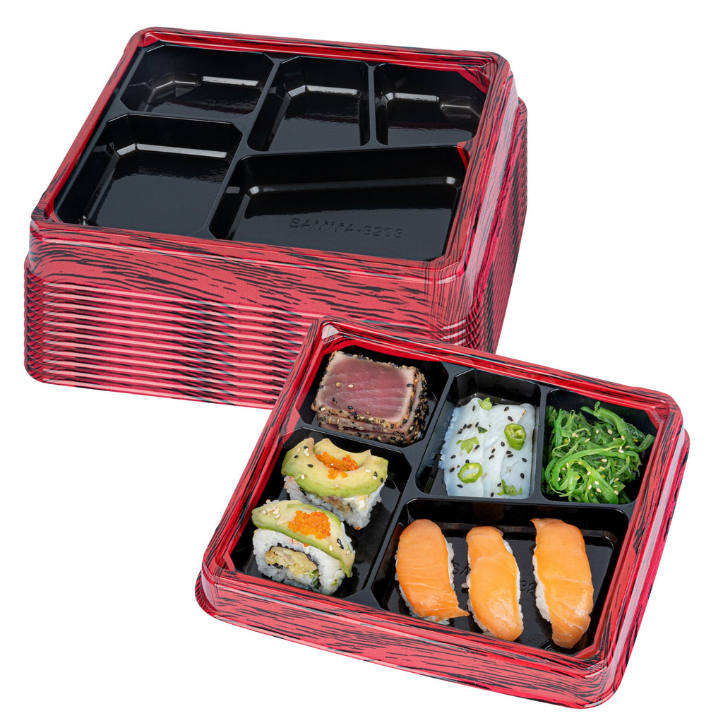 Bento Tek 18 oz Rectangle Red and Black Plastic Bento Box - 5 Compartments - 9 1/4" x 7 3/4" x 1 1/4" - 50 count box