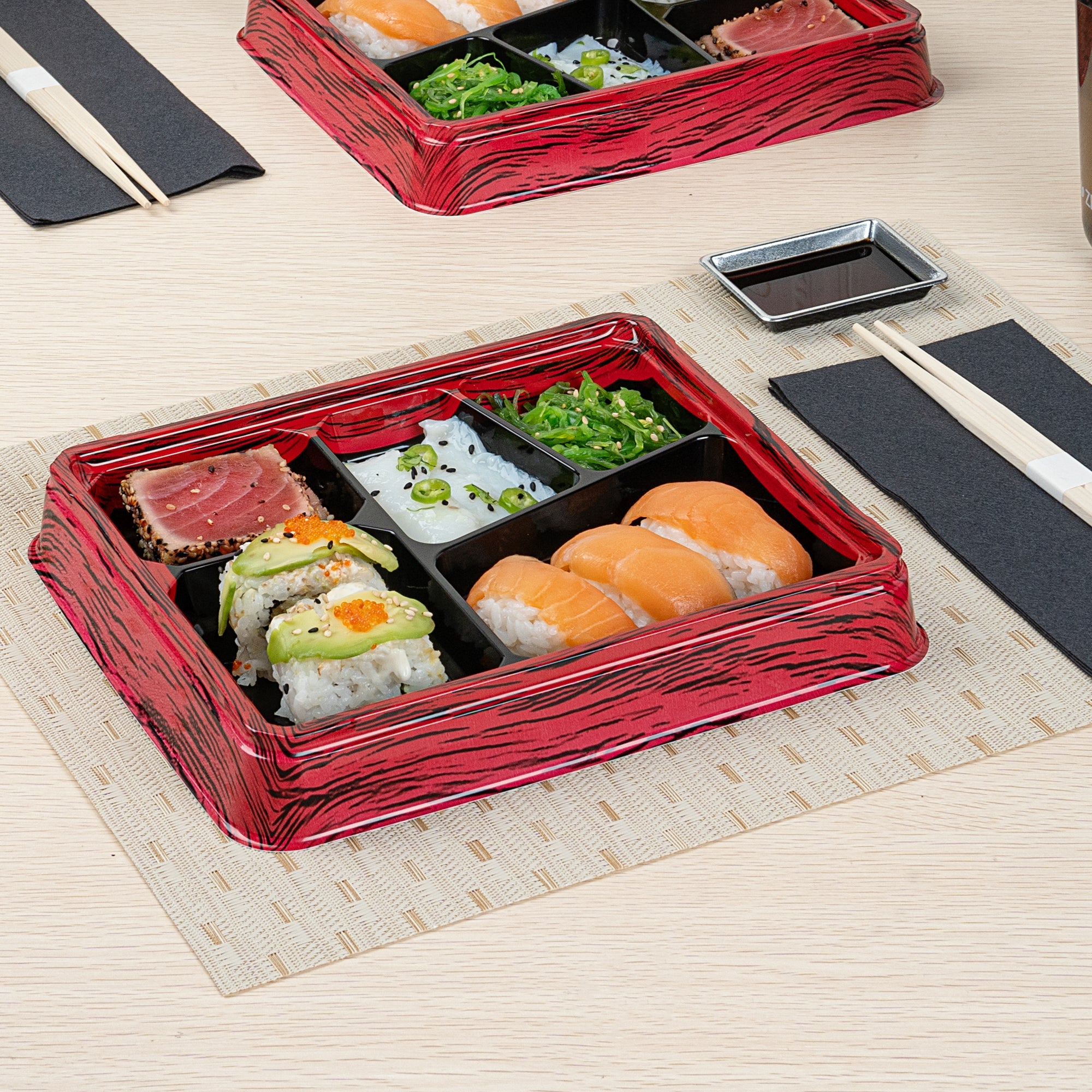 Bento Tek 18 oz Rectangle Red and Black Plastic Bento Box - 5 Compartments - 9 1/4" x 7 3/4" x 1 1/4" - 50 count box