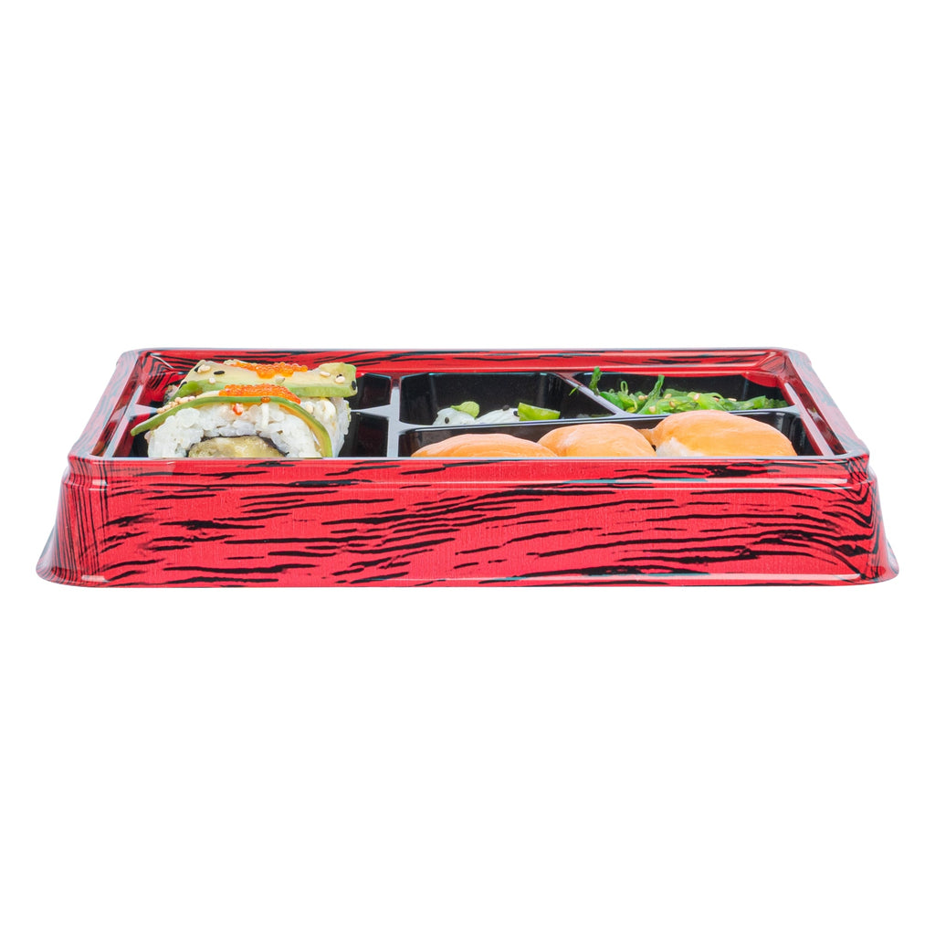 Bento Tek 18 oz Rectangle Red and Black Plastic Bento Box - 5 Compartments - 9 1/4" x 7 3/4" x 1 1/4" - 50 count box