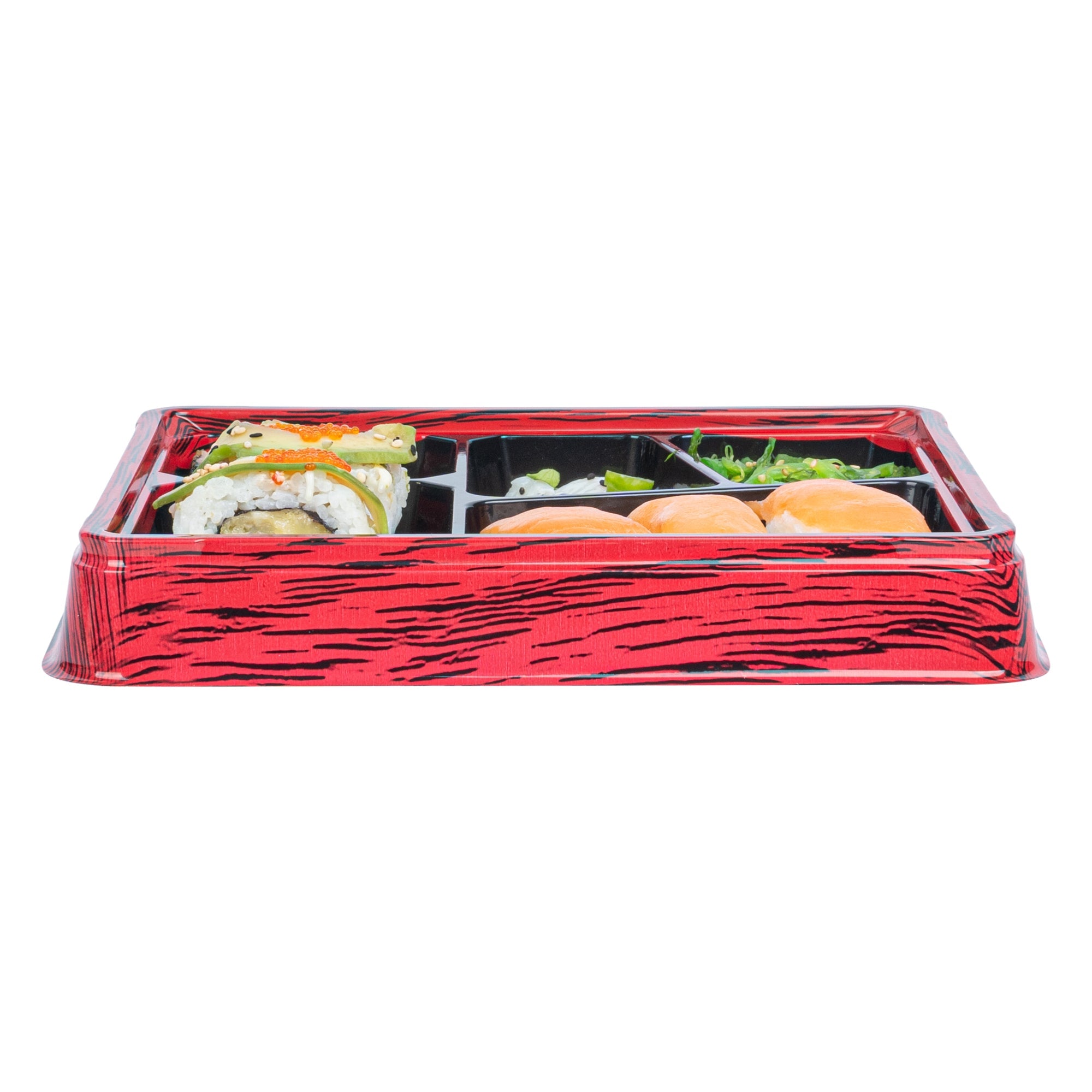 Bento Tek 18 oz Rectangle Red and Black Plastic Bento Box - 5 Compartments - 9 1/4" x 7 3/4" x 1 1/4" - 50 count box