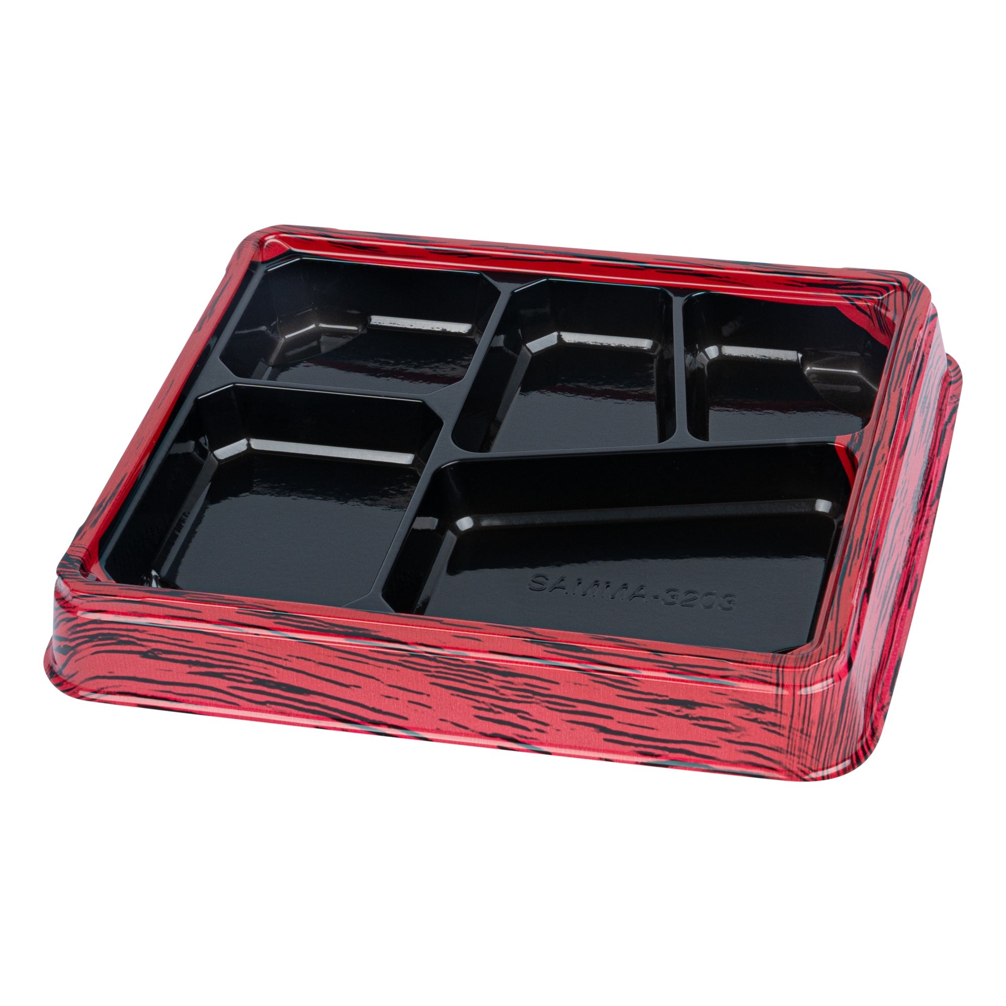 Bento Tek 18 oz Rectangle Red and Black Plastic Bento Box - 5 Compartments - 9 1/4" x 7 3/4" x 1 1/4" - 50 count box