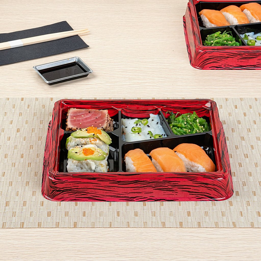 Bento Tek 18 oz Rectangle Red and Black Plastic Bento Box - 5 Compartments - 9 1/4" x 7 3/4" x 1 1/4" - 50 count box