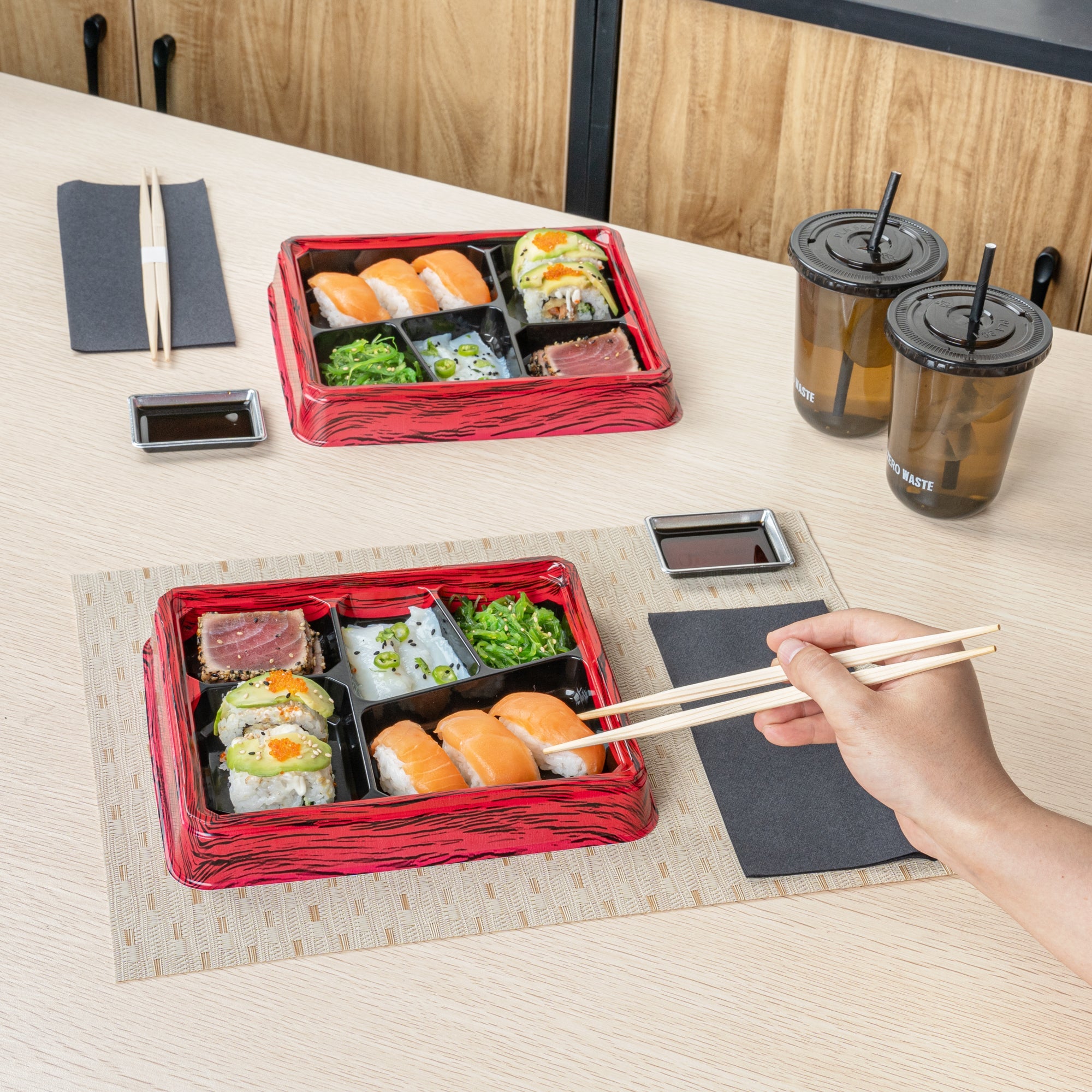 Bento Tek 18 oz Rectangle Red and Black Plastic Bento Box - 5 Compartments - 9 1/4" x 7 3/4" x 1 1/4" - 50 count box