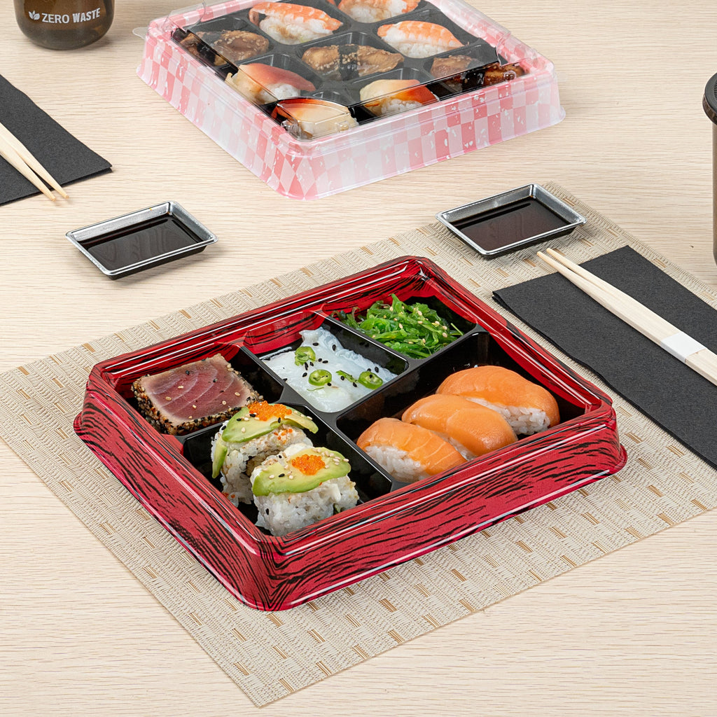 Bento Tek 18 oz Rectangle Red and Black Plastic Bento Box - 5 Compartments - 9 1/4" x 7 3/4" x 1 1/4" - 50 count box