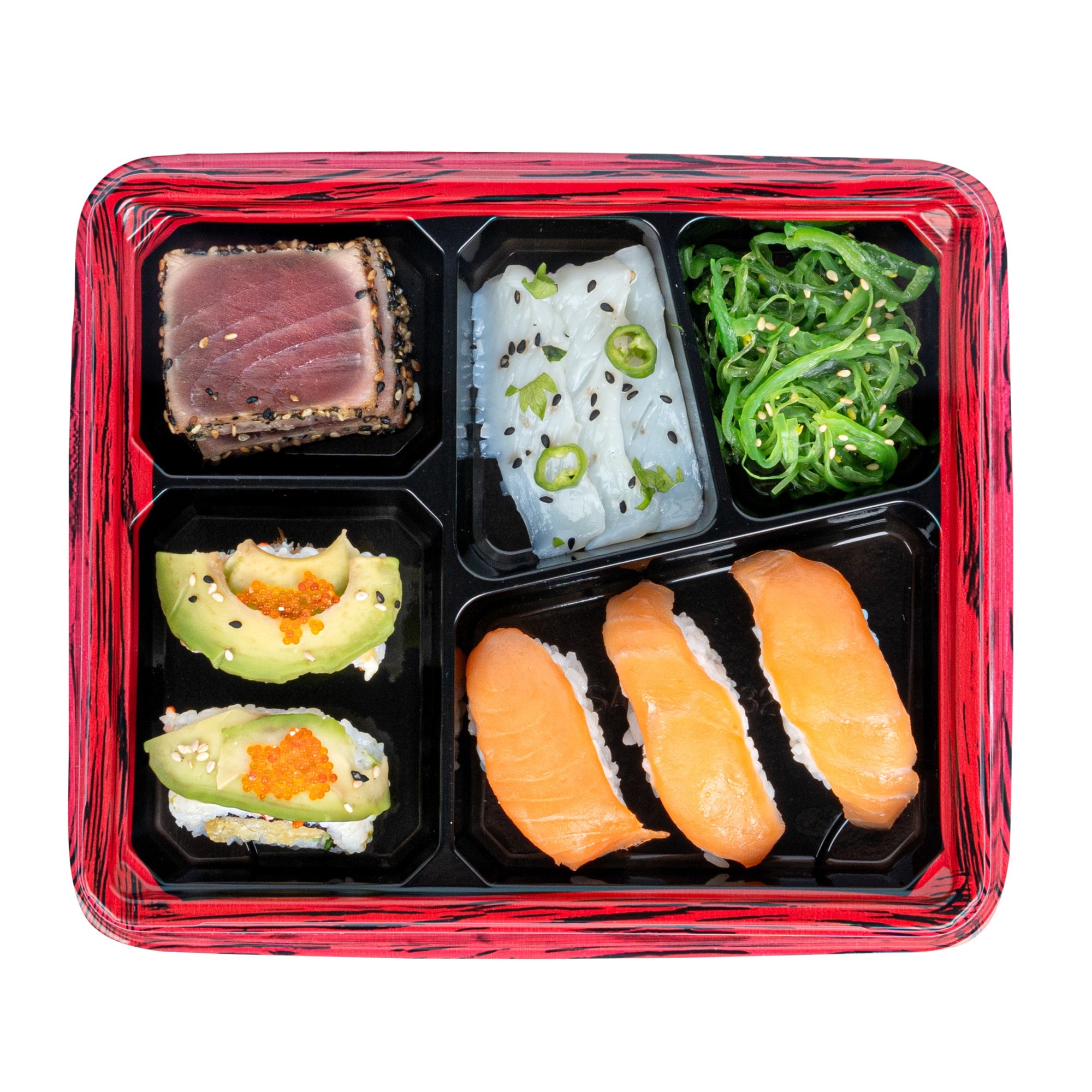 Bento Tek 18 oz Rectangle Red and Black Plastic Bento Box - 5 Compartments - 9 1/4" x 7 3/4" x 1 1/4" - 100 count box