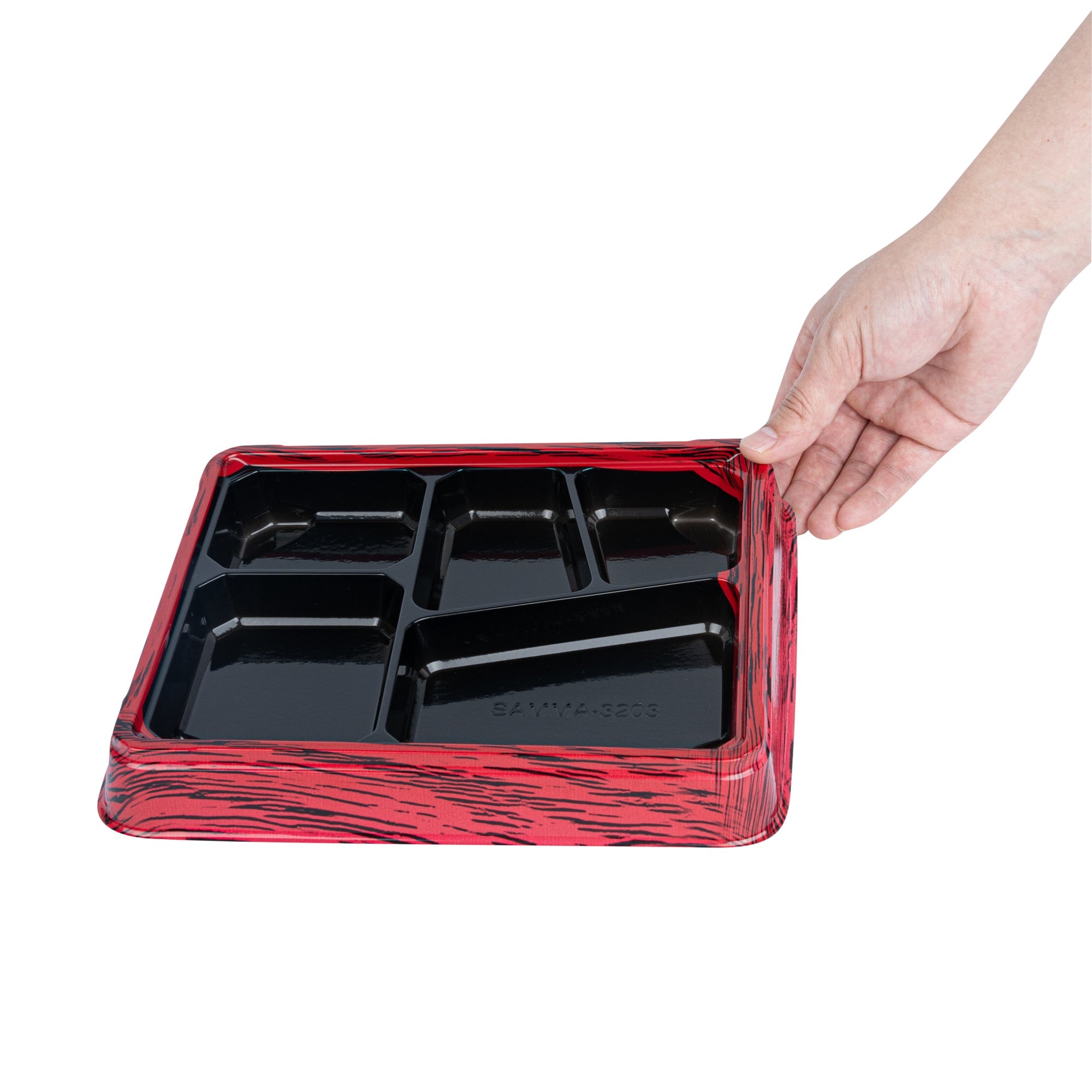 Bento Tek 18 oz Rectangle Red and Black Plastic Bento Box - 5 Compartments - 9 1/4" x 7 3/4" x 1 1/4" - 100 count box