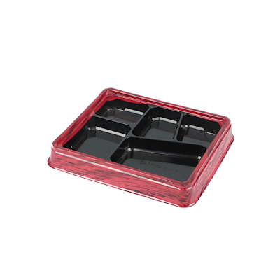 Bento Tek 18 oz Rectangle Red and Black Plastic Bento Box - 5 Compartments - 9 1/4" x 7 3/4" x 1 1/4" - 100 count box