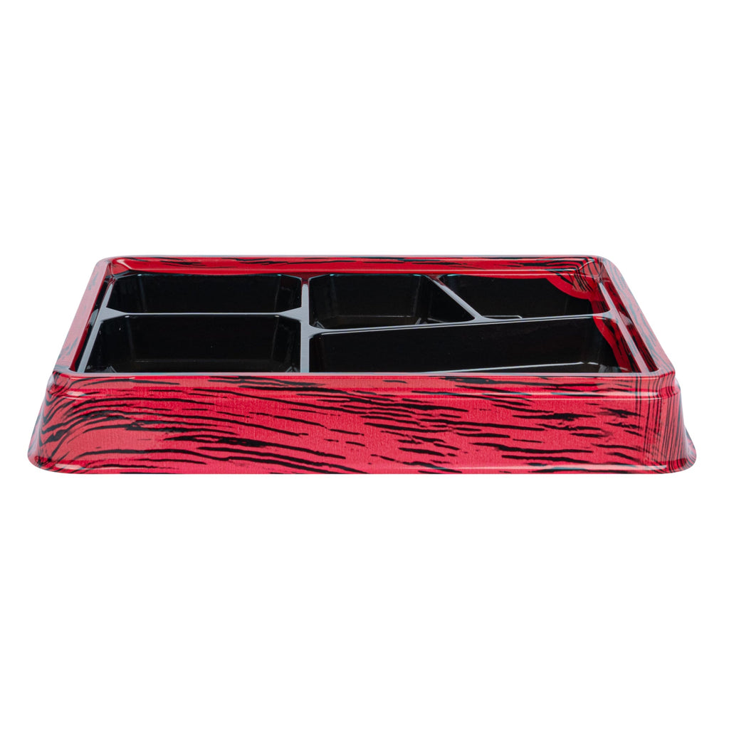 Bento Tek 18 oz Rectangle Red and Black Plastic Bento Box - 5 Compartments - 9 1/4" x 7 3/4" x 1 1/4" - 100 count box