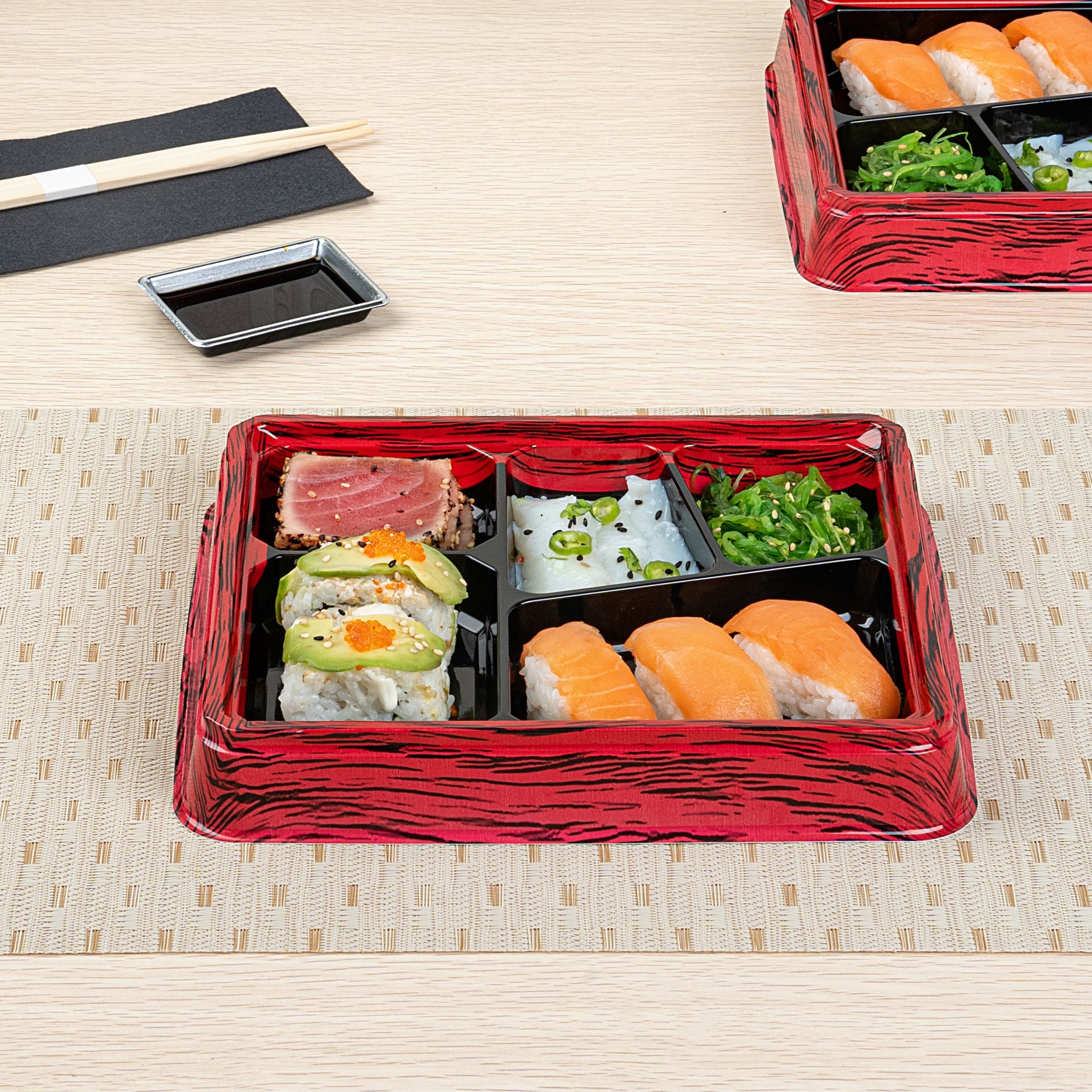 Bento Tek 18 oz Rectangle Red and Black Plastic Bento Box - 5 Compartments - 9 1/4" x 7 3/4" x 1 1/4" - 100 count box