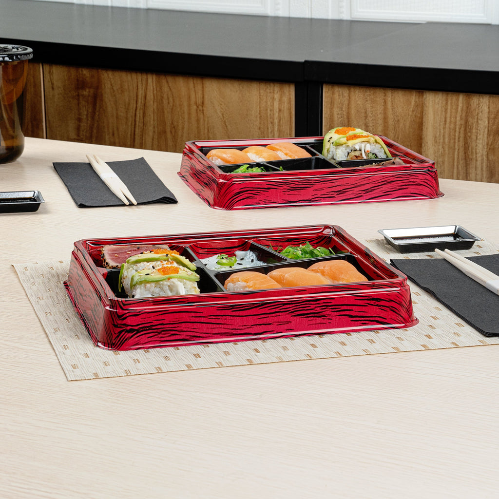 Bento Tek 18 oz Rectangle Red and Black Plastic Bento Box - 5 Compartments - 9 1/4" x 7 3/4" x 1 1/4" - 100 count box