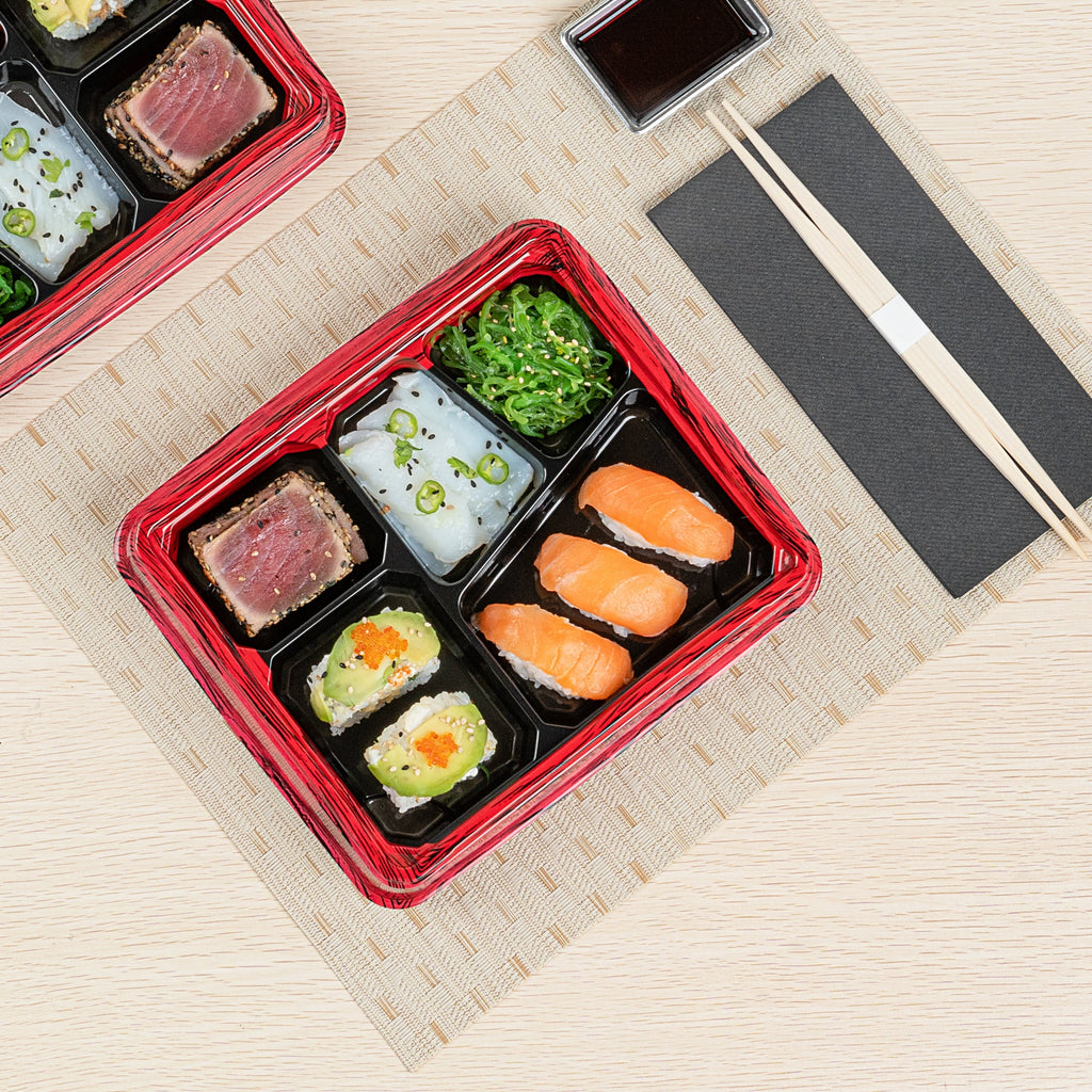 Bento Tek 18 oz Rectangle Red and Black Plastic Bento Box - 5 Compartments - 9 1/4" x 7 3/4" x 1 1/4" - 100 count box
