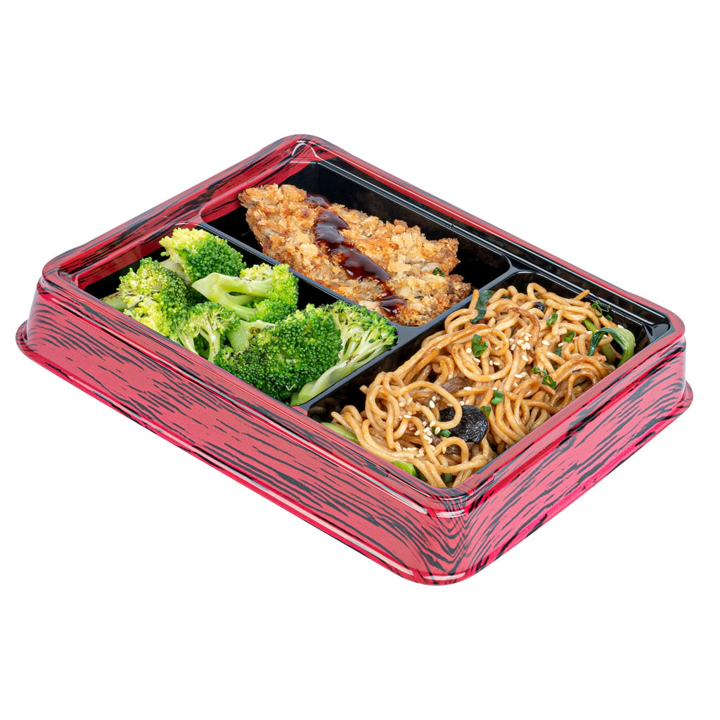 Bento Tek 16 oz Rectangle Red and Black Plastic Bento Box - 3 Compartments - 8 3/4" x 7 1/2" x 1 1/4" - 50 count box