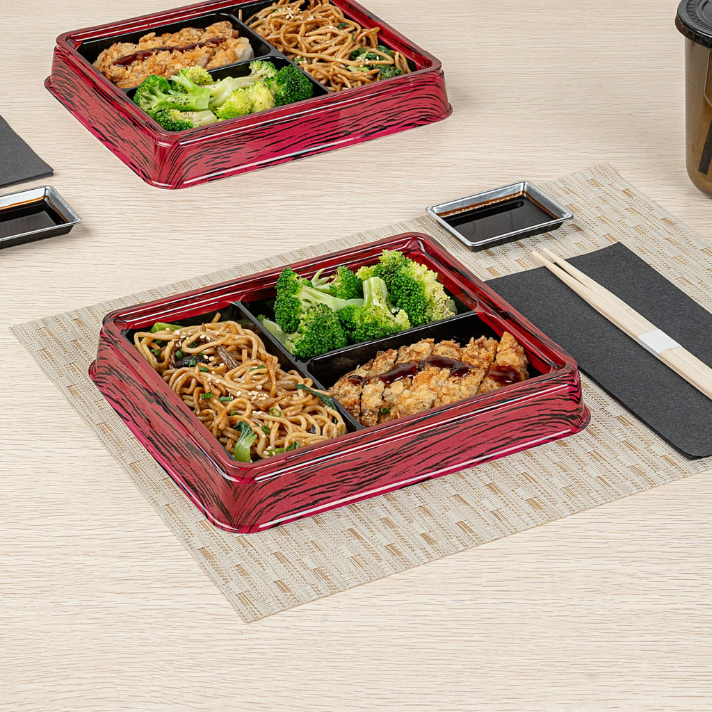 Bento Tek 16 oz Rectangle Red and Black Plastic Bento Box - 3 Compartments - 8 3/4" x 7 1/2" x 1 1/4" - 50 count box