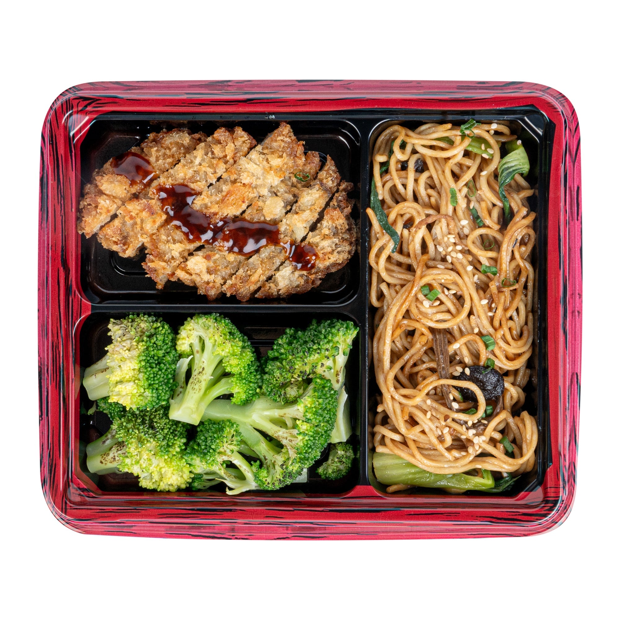 Bento Tek 16 oz Rectangle Red and Black Plastic Bento Box - 3 Compartments - 8 3/4" x 7 1/2" x 1 1/4" - 50 count box