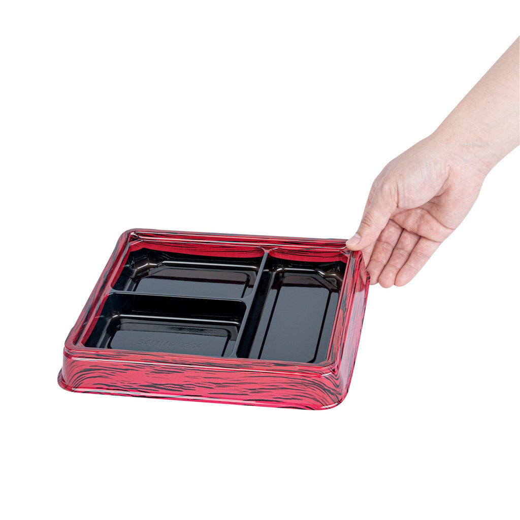 Bento Tek 16 oz Rectangle Red and Black Plastic Bento Box - 3 Compartments - 8 3/4" x 7 1/2" x 1 1/4" - 50 count box