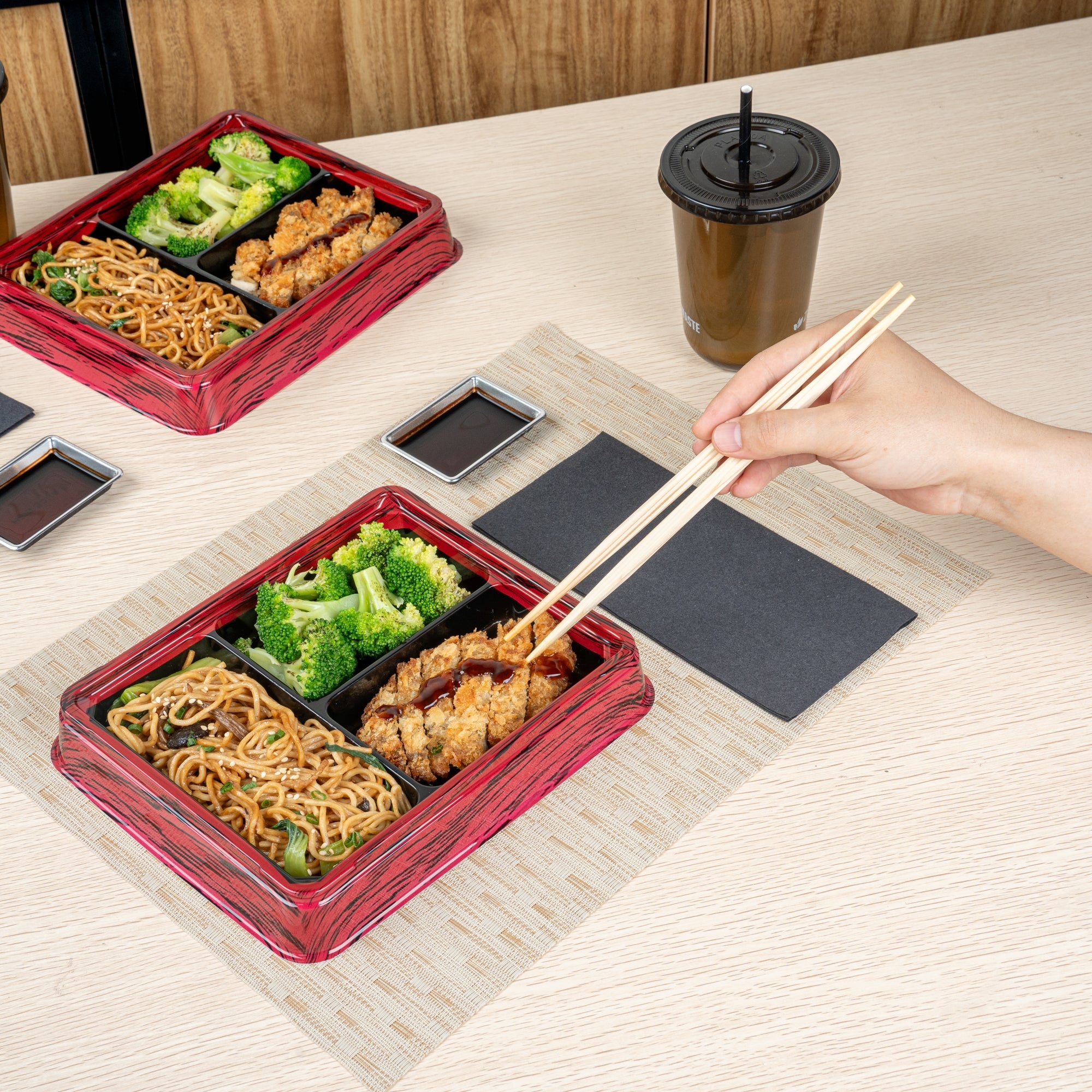 Bento Tek 16 oz Rectangle Red and Black Plastic Bento Box - 3 Compartments - 8 3/4" x 7 1/2" x 1 1/4" - 50 count box