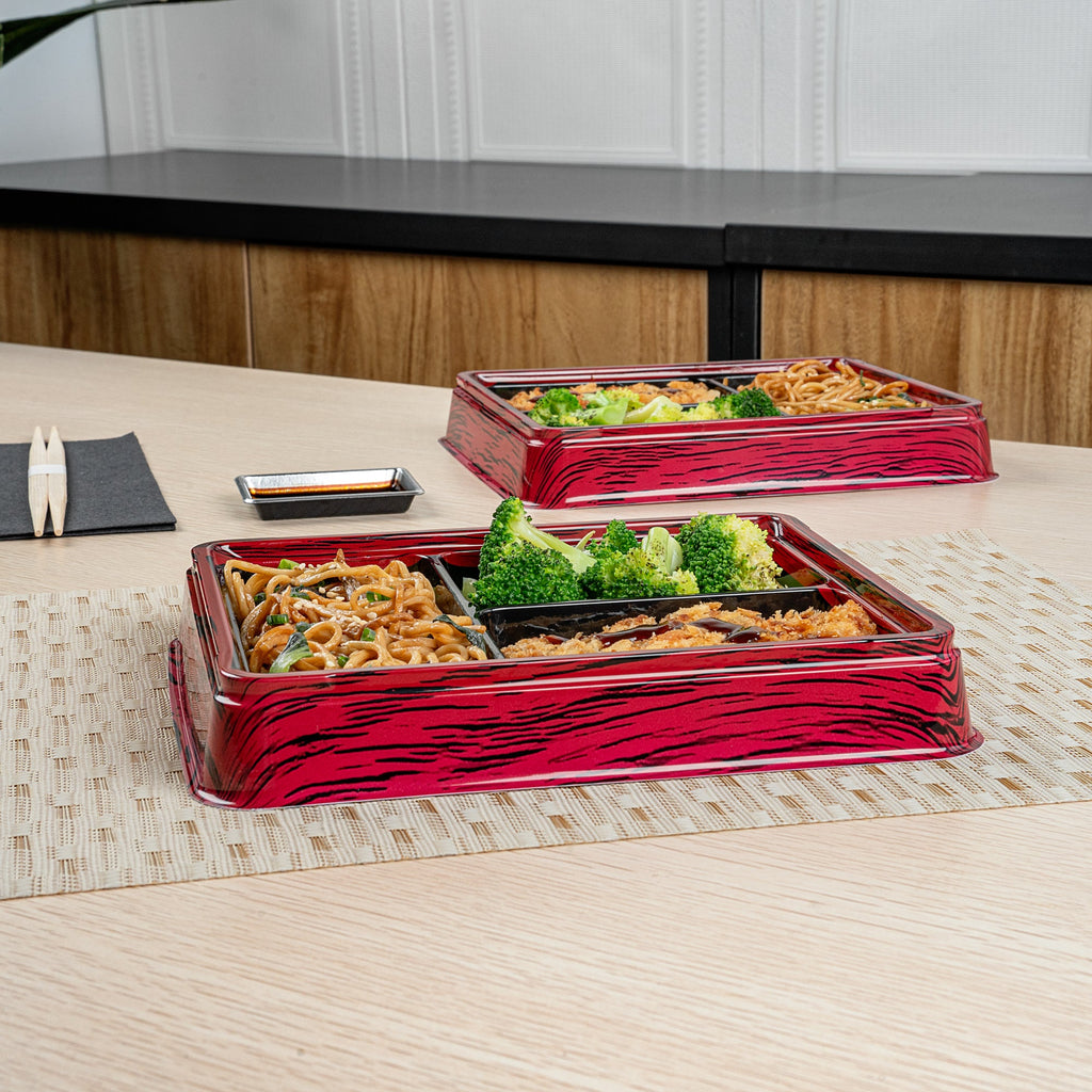 Bento Tek 16 oz Rectangle Red and Black Plastic Bento Box - 3 Compartments - 8 3/4" x 7 1/2" x 1 1/4" - 50 count box