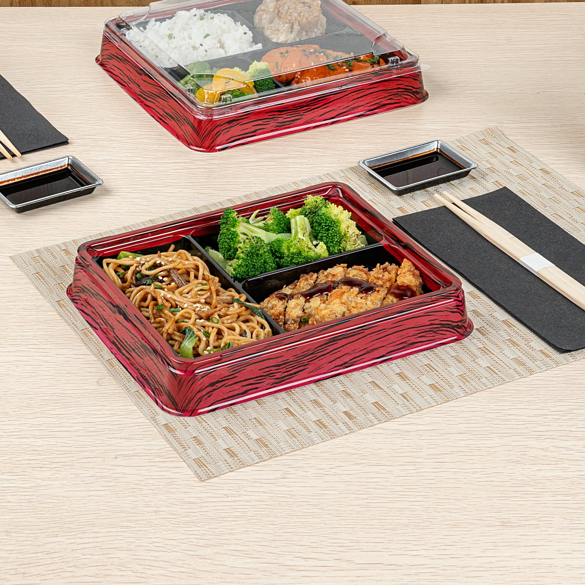 Bento Tek 16 oz Rectangle Red and Black Plastic Bento Box - 3 Compartments - 8 3/4" x 7 1/2" x 1 1/4" - 50 count box