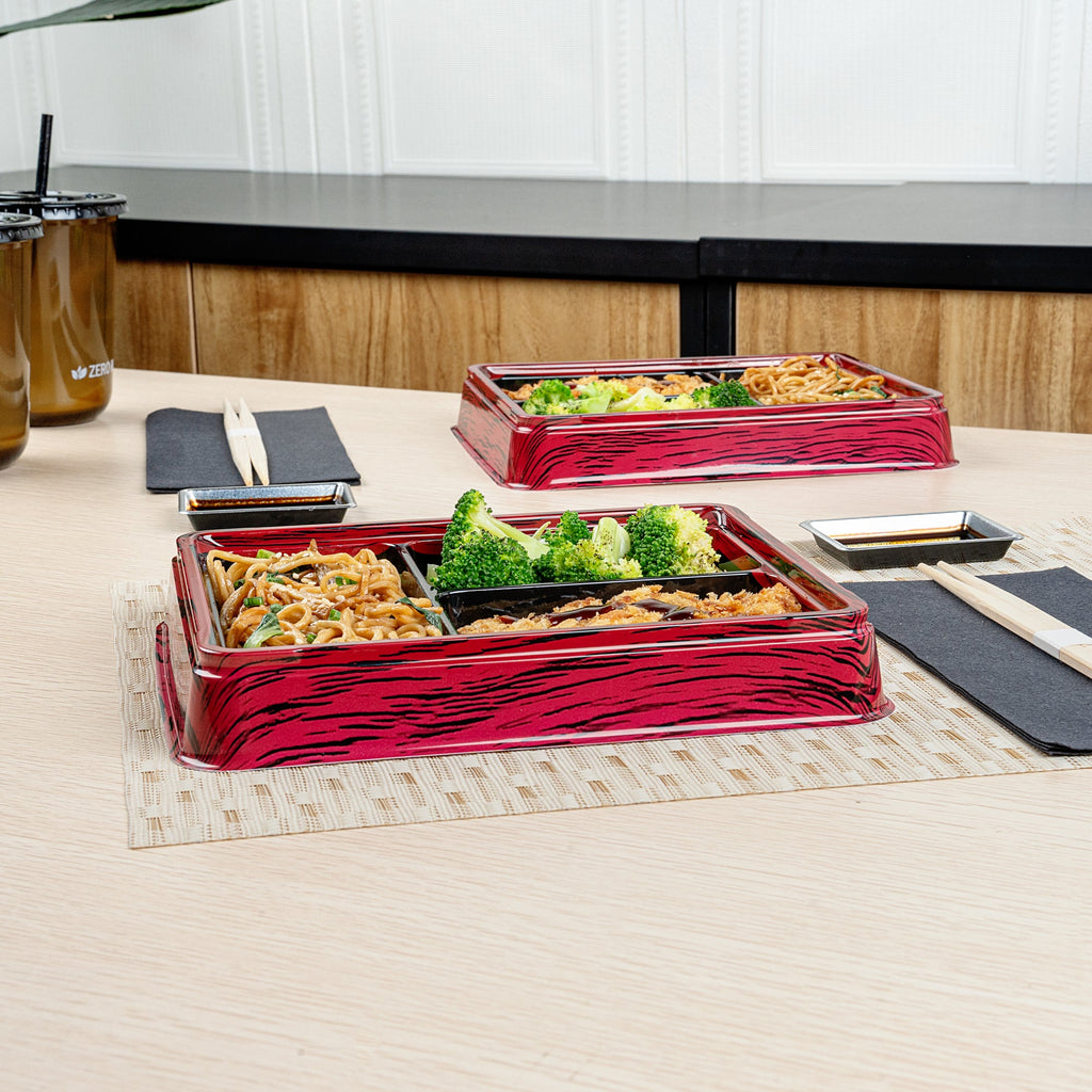Bento Tek 16 oz Rectangle Red and Black Plastic Bento Box - 3 Compartments - 8 3/4" x 7 1/2" x 1 1/4" - 50 count box