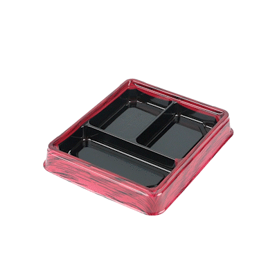 Bento Tek 16 oz Rectangle Red and Black Plastic Bento Box - 3 Compartments - 8 3/4" x 7 1/2" x 1 1/4" - 100 count box