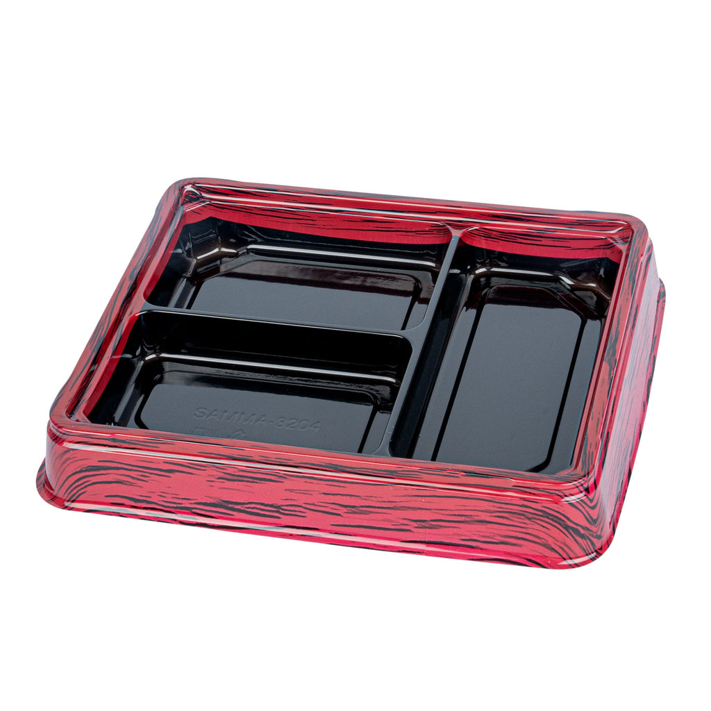 Bento Tek 16 oz Rectangle Red and Black Plastic Bento Box - 3 Compartments - 8 3/4" x 7 1/2" x 1 1/4" - 100 count box