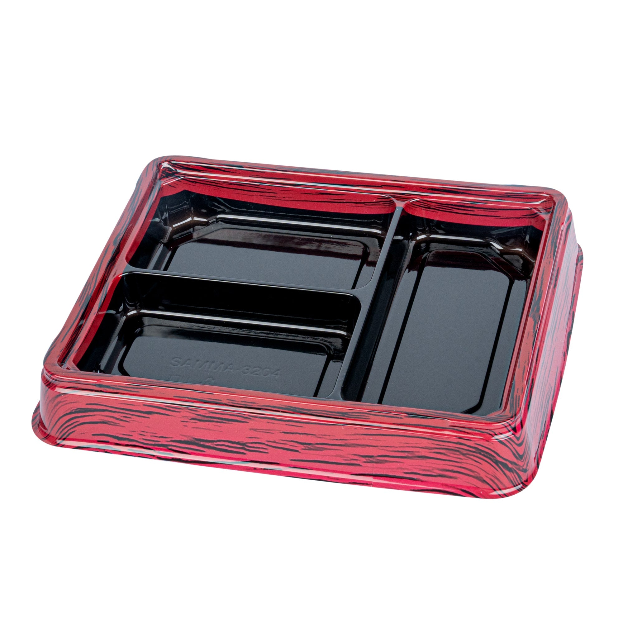 Bento Tek 16 oz Rectangle Red and Black Plastic Bento Box - 3 Compartments - 8 3/4" x 7 1/2" x 1 1/4" - 100 count box