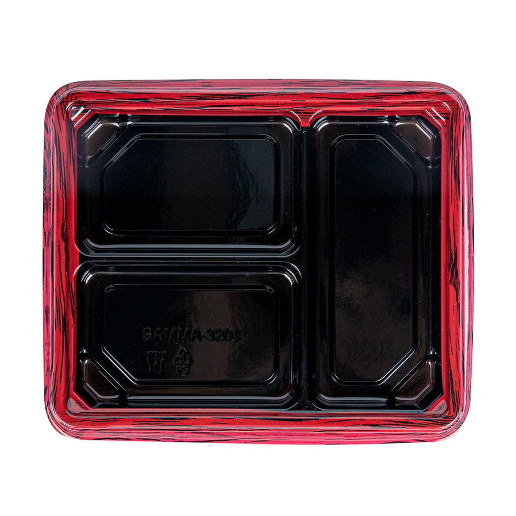 Bento Tek 16 oz Rectangle Red and Black Plastic Bento Box - 3 Compartments - 8 3/4" x 7 1/2" x 1 1/4" - 100 count box