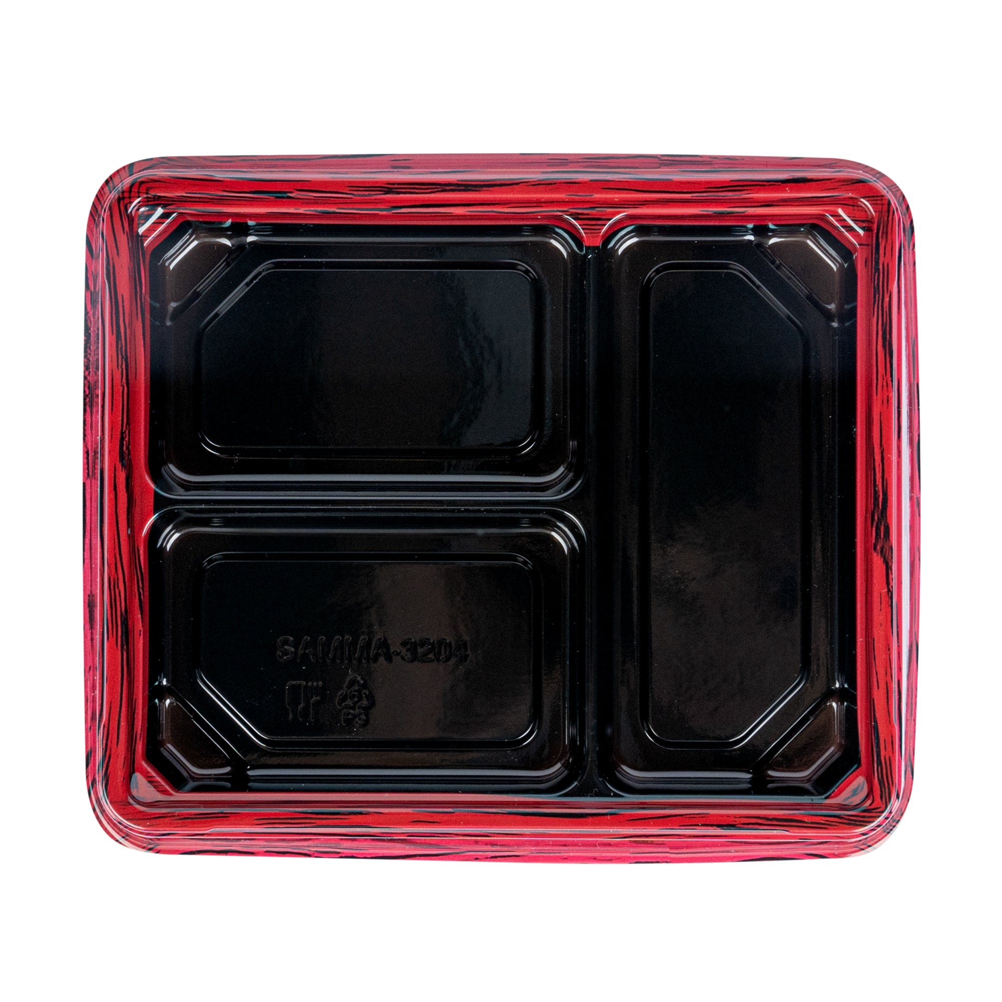 Bento Tek 16 oz Rectangle Red and Black Plastic Bento Box - 3 Compartments - 8 3/4" x 7 1/2" x 1 1/4" - 100 count box