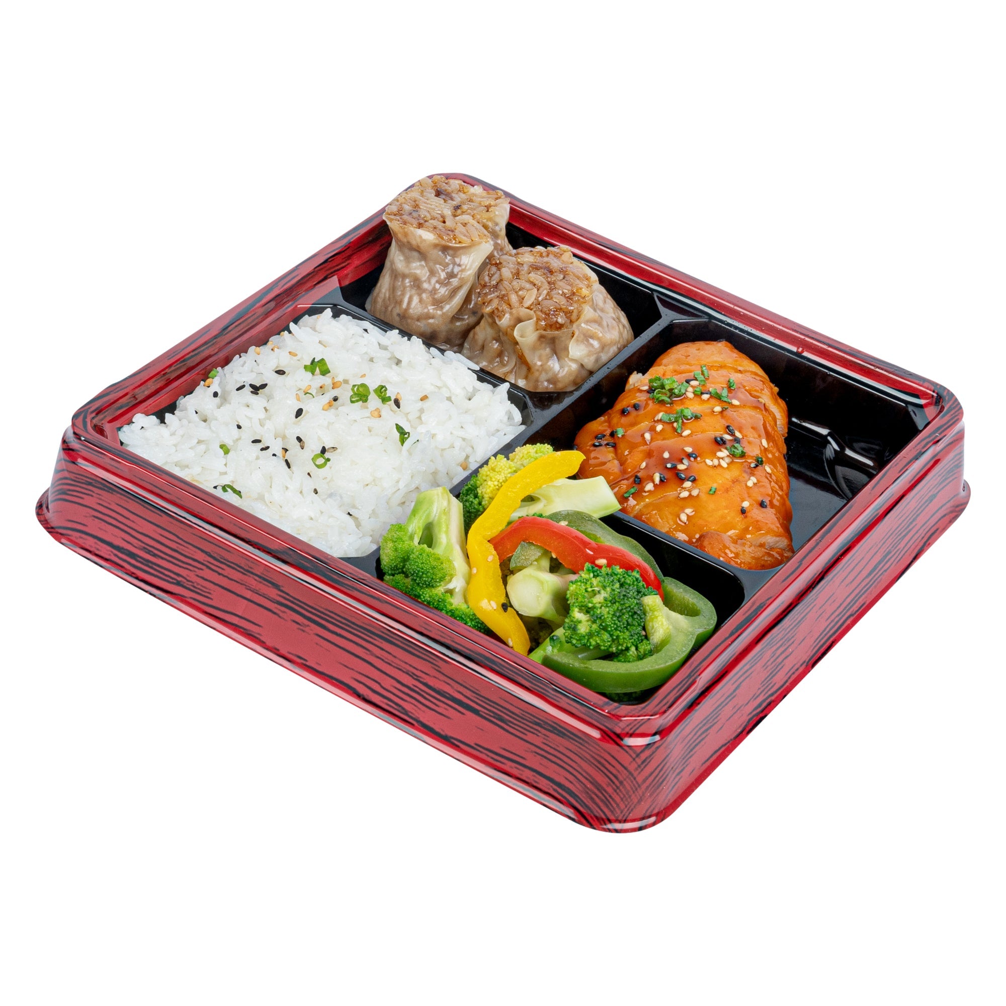 Bento Tek 18 oz Square Red and Black Plastic Bento Box - 4 Compartments - 8 1/2" x 8 1/2" x 1 1/4" - 100 count box