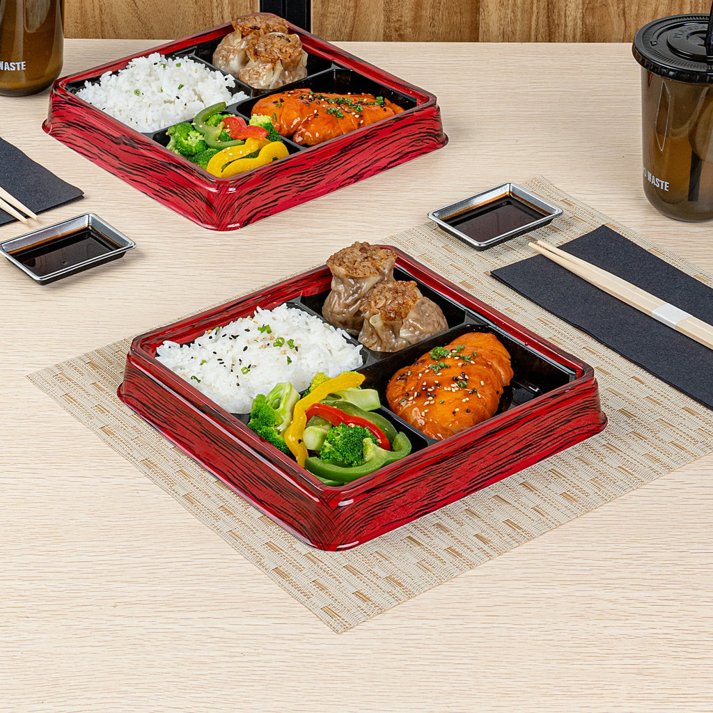 Bento Tek 18 oz Square Red and Black Plastic Bento Box - 4 Compartments - 8 1/2" x 8 1/2" x 1 1/4" - 100 count box