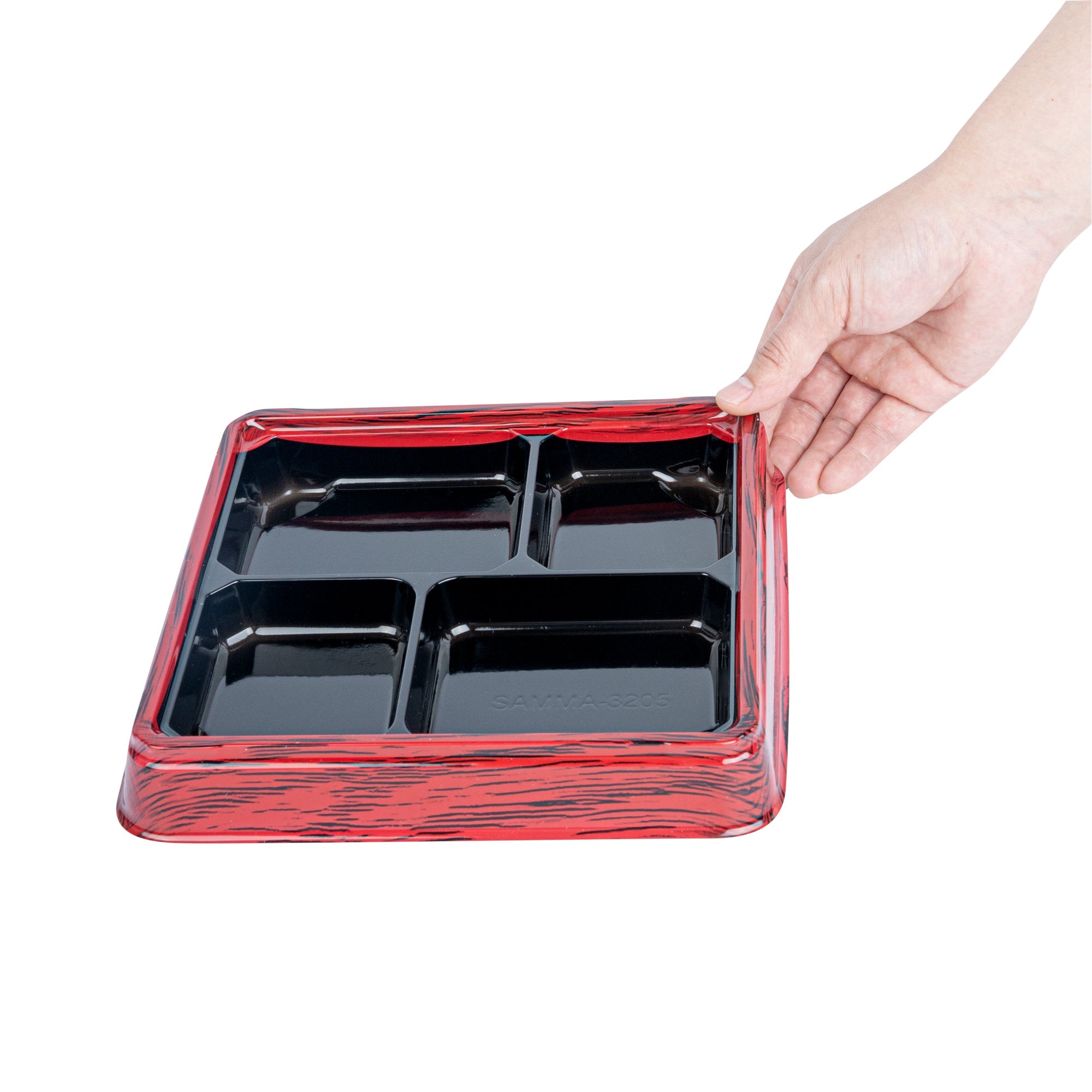 Bento Tek 18 oz Square Red and Black Plastic Bento Box - 4 Compartments - 8 1/2" x 8 1/2" x 1 1/4" - 50 count box