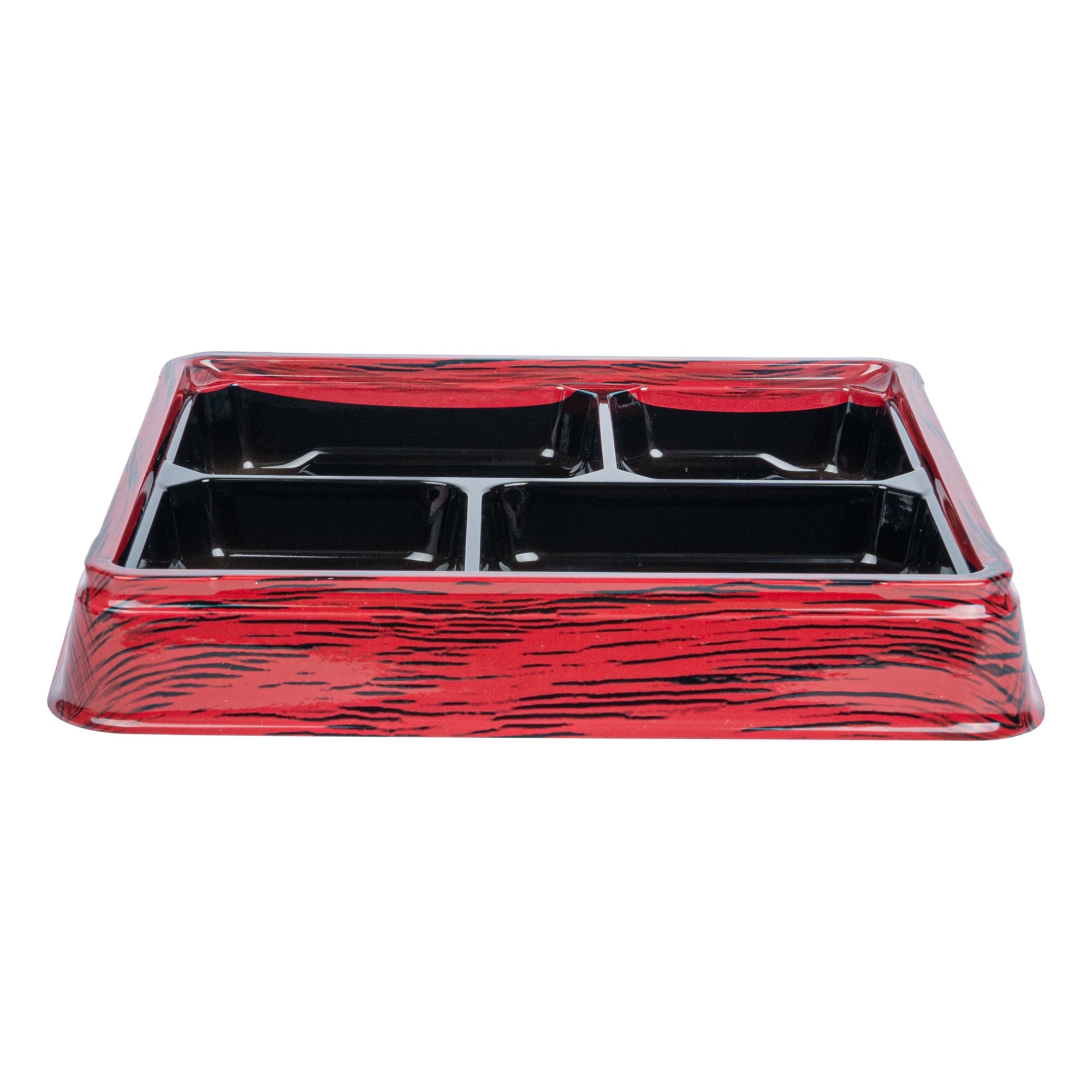 Bento Tek 18 oz Square Red and Black Plastic Bento Box - 4 Compartments - 8 1/2" x 8 1/2" x 1 1/4" - 50 count box