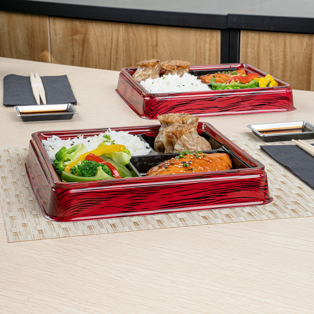 Bento Tek 18 oz Square Red and Black Plastic Bento Box - 4 Compartments - 8 1/2" x 8 1/2" x 1 1/4" - 50 count box