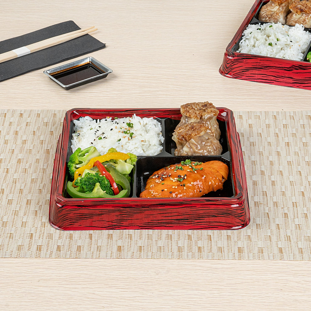 Bento Tek 18 oz Square Red and Black Plastic Bento Box - 4 Compartments - 8 1/2" x 8 1/2" x 1 1/4" - 50 count box