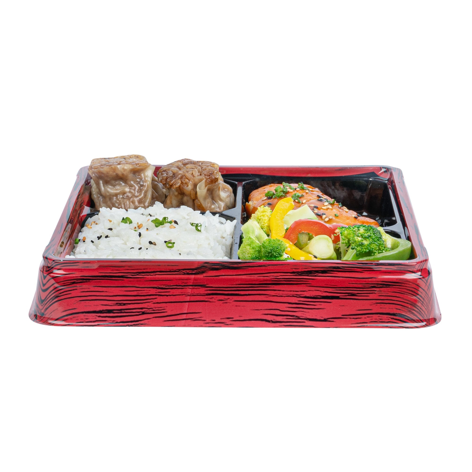 Bento Tek 18 oz Square Red and Black Plastic Bento Box - 4 Compartments - 8 1/2" x 8 1/2" x 1 1/4" - 100 count box