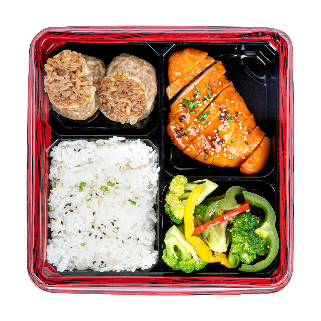 Bento Tek 18 oz Square Red and Black Plastic Bento Box - 4 Compartments - 8 1/2" x 8 1/2" x 1 1/4" - 100 count box