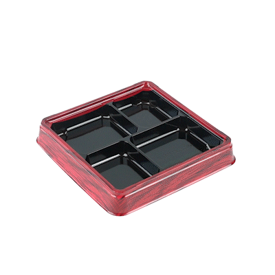 Bento Tek 18 oz Square Red and Black Plastic Bento Box - 4 Compartments - 8 1/2" x 8 1/2" x 1 1/4" - 100 count box